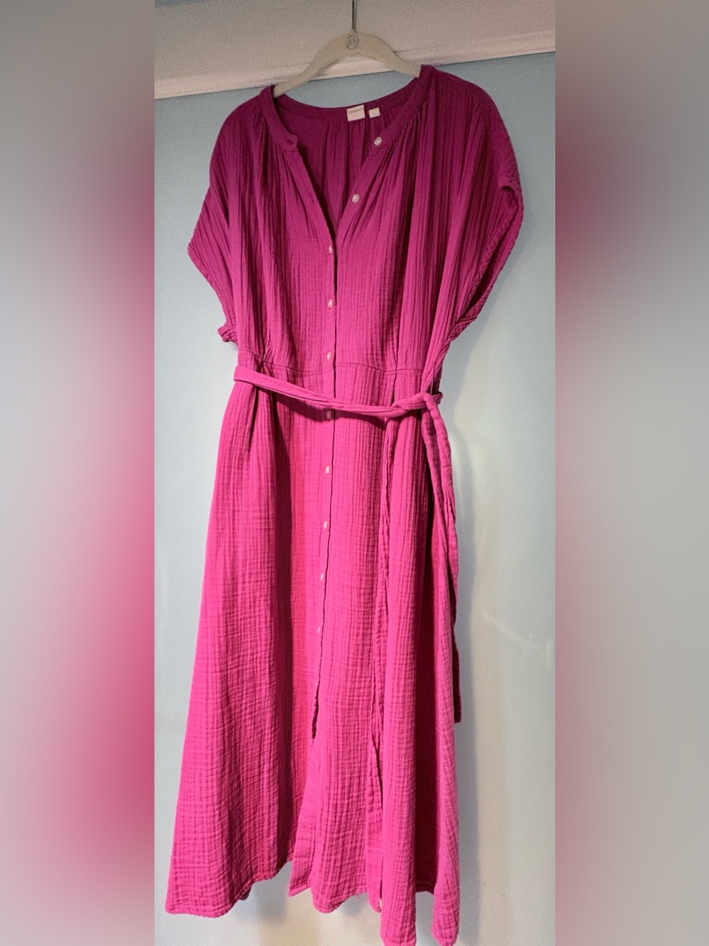 Gap Button-Front Fuchsia Gauze Cotton Midi Dress with Waist Tie